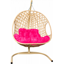 Кресло подвесное M-Group Для двоих Люкс (бежевый ротанг/розовая подушка)