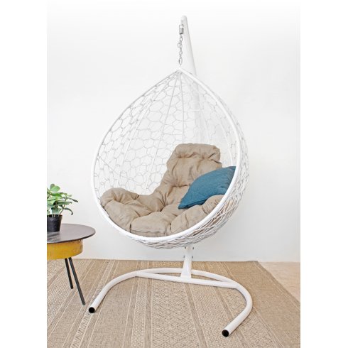 Кресло подвесное M-Group Капля Home (белый ротанг/лен подушка)