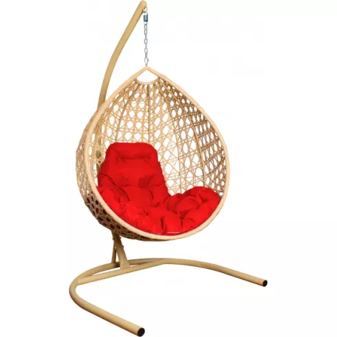 Кресло подвесное M-Group Капля Люкс (бежевый ротанг/красная подушка)
