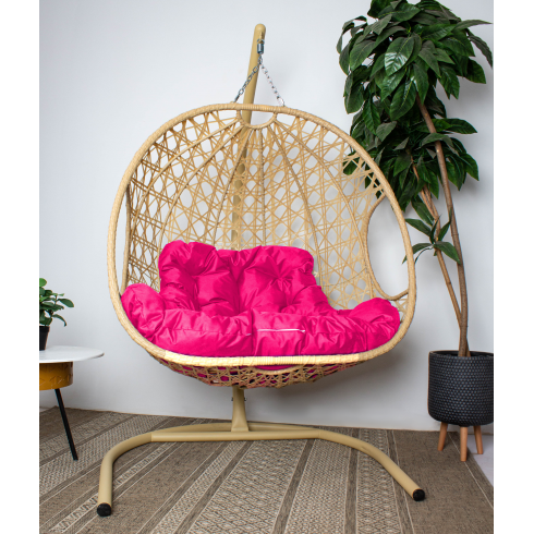 Кресло подвесное M-Group Для двоих Люкс (бежевый ротанг/розовая подушка)