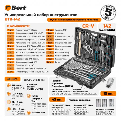 Набор ручного инструмента Bort BTK-142